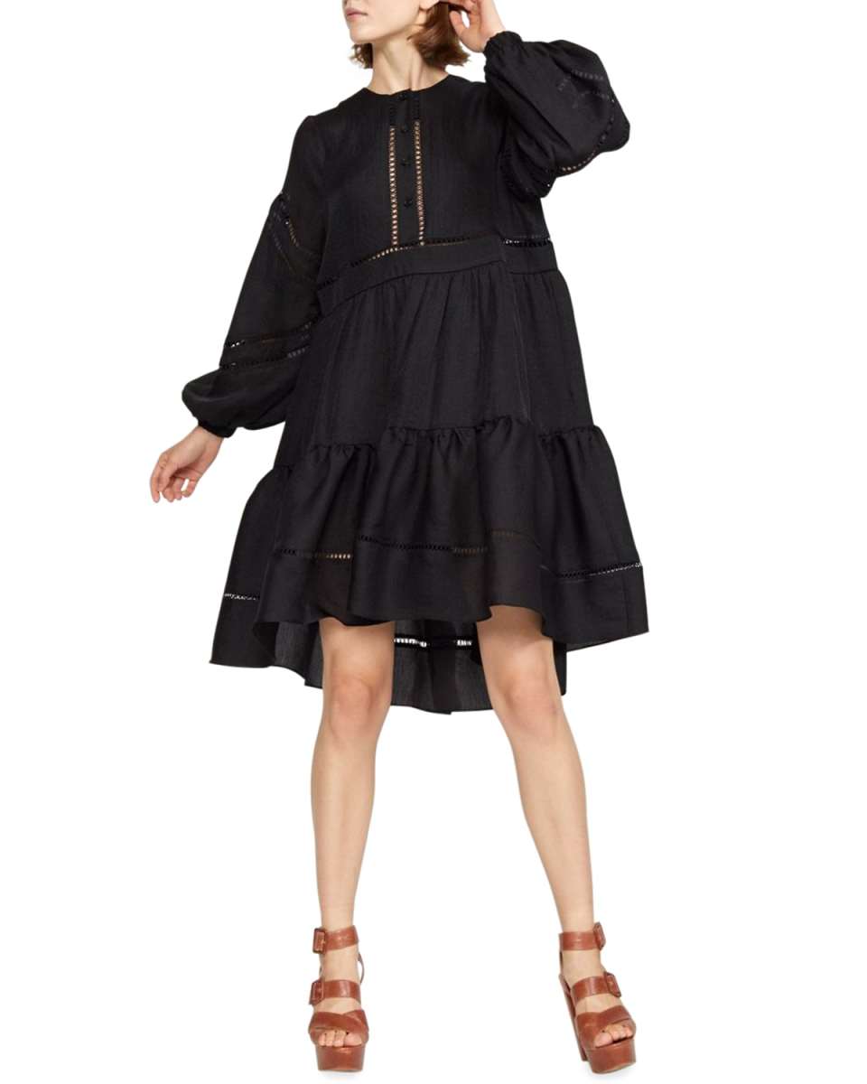 Ladder-Inset Balloon-Sleeve Swing Dress